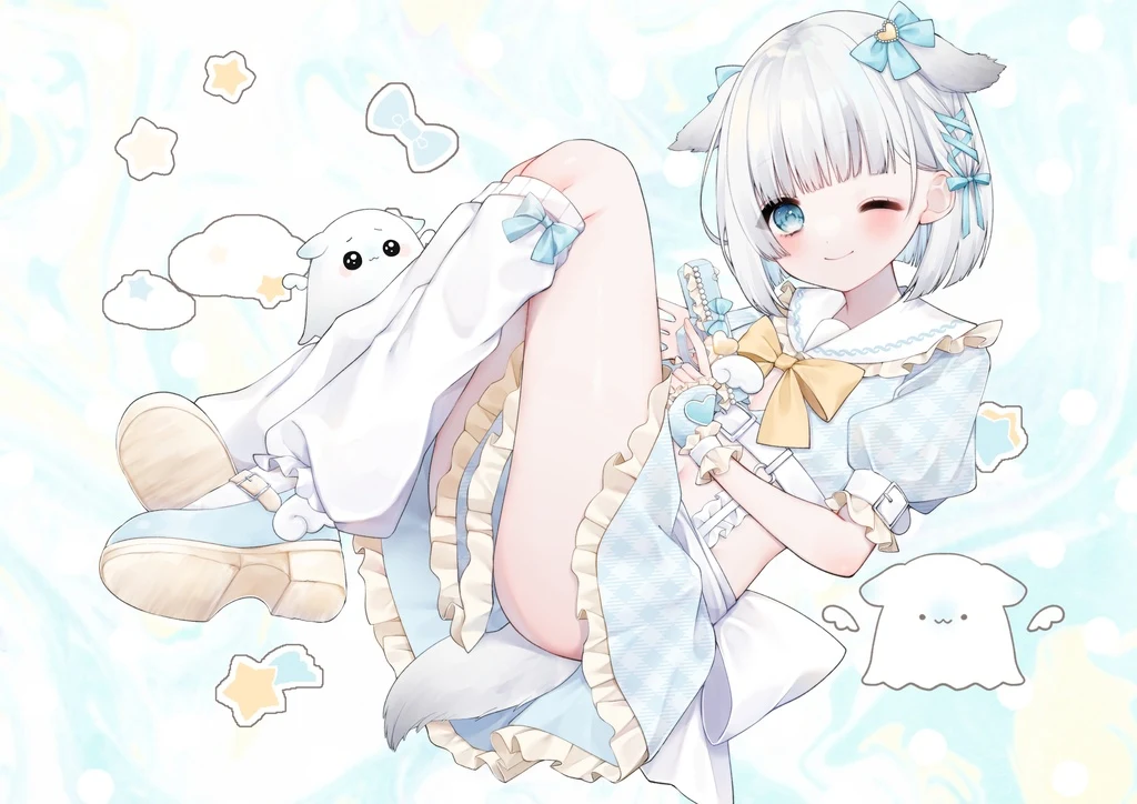 Blue Eyes, Bow, Gray Hair