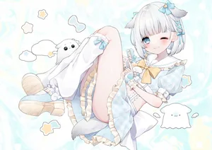 blue eyes, bow, gray hair #307